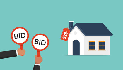 Businessmen hold bid signs for auction a house, buyers place bids, auction and bidding concept