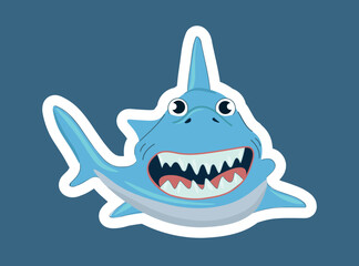 Cool shark icon. Predator with big teeth and fin, sticker for social networks and messengers. Toy or mascot for children. Animated and playful character concept. Cartoon flat vector illustration