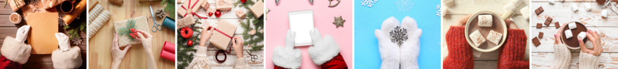 Christmas collage of Santa Claus with letter and tablet computer, female hands with gift, cups of...