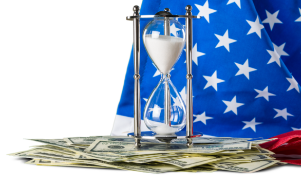 The sand clock on the American flag and money