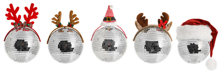 Collage of shiny disco balls with Christmas decor on white background