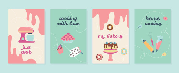 Fototapeta na wymiar Bakery set banners. Collection of advertising graphic elements for website. Dessert and delicacy, gourmet. Muffins, cupcakes and cakes. Cartoon flat vector illustrations isolated on green background