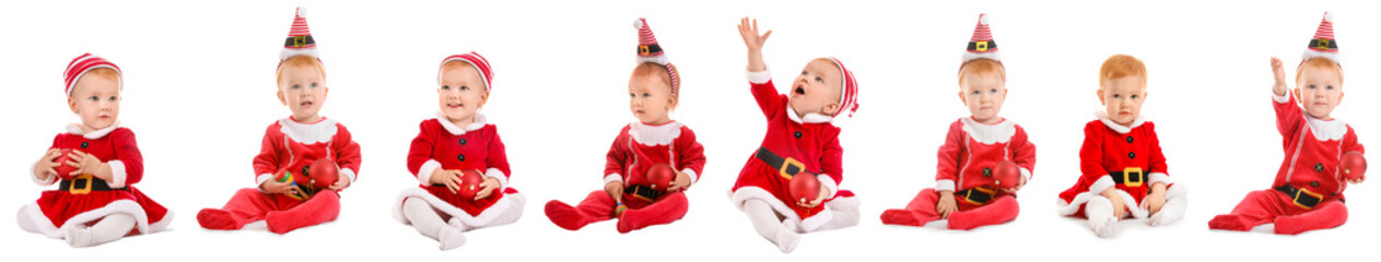 Collage of cute little baby girl in Christmas costume on white background