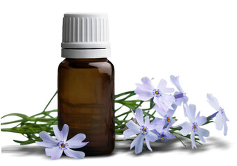 Rosemary essential oil in a glass bottle