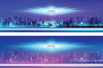 Vector night city illustration with neon glow and vivid colors.