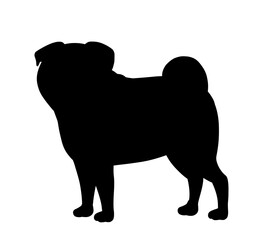 Cute dog silhouette. Black bulldog stands and looks, love and care for pets. Stickers for social networks and instant messengers. Different breeds of dogs, puppy. Cartoon flat vector illustration