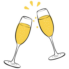 Goblets with Champagne Cheers Doodle Drawing.