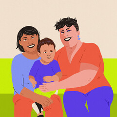 family portrait lesbian couple and toddler black hair orange shirt