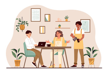 Friends sitting at cafe. Men and woman with laptop waiting for coffee or tea, relaxing after work. Coworkers and freelancers. Young couple waiting for waiter. Cartoon flat vector illustration