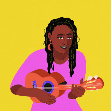 woman playing ukulele black hair pink shirt yellow background