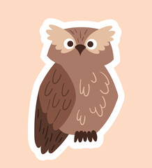 Owl in paper style. Brown bird and symbol of wisdom. Forest harvester, wild life and fauna. Sticker for social networks and messengers, communication on Internet. Cartoon flat vector illustration