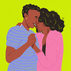 lesbian couple dancing blue and pink shirt green background