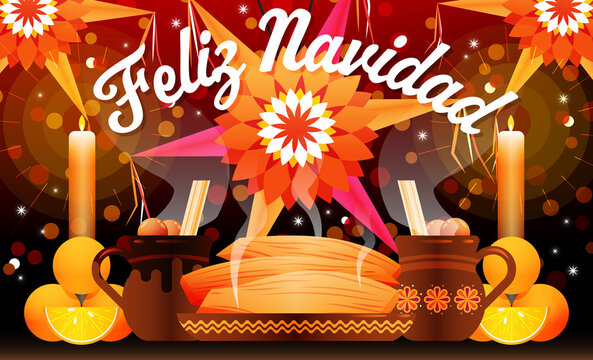 Ilustraci&oacute;n horizontal de Navidad, con pi&ntilde;atas, velas, jarros con ponche y tamales. 