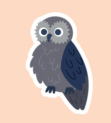Owl in paper style. Gray bird with blue wings. Biology and zoology, educational materials for children. Learning and traininig. Poster or banner for website. Cartoon flat vector illustration