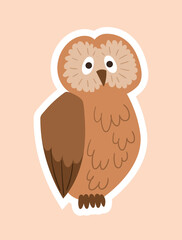 Owl in paper style. Brown bird standing. Forest dweller and animal, wild life. Educational materials, learning and training. Graphic element for printing on fabric. Cartoon flat vector illustration