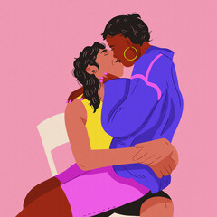 couple kissing chair purple jacket black hair pink background