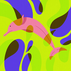 "boto cor de rosa" pink dolphin colorful shapes green background 