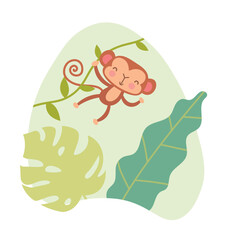 Safari monkey icon. Charming character hanging on liana, movement and activity. Poster or banner for website. Biology and zoology, educational materials concept. Cartoon flat vector illustration