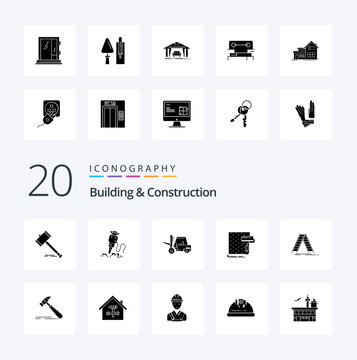 20 Building And Construction Solid Glyph icon Pack like interior transport building truck lifter