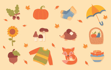 Set of autumn icons. Collection of stickers for social networks and messengers. Hedgehog, fox, mushroom, nuts and yellow leaves. Cartoon flat vector illustrations isolated on beige background