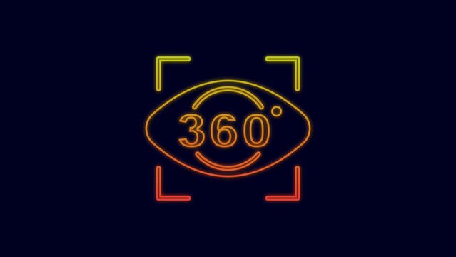 Glowing neon line 360 degree view icon isolated on blue background. Virtual reality. Angle 360 degree camera. Panorama photo. 4K Video motion graphic animation