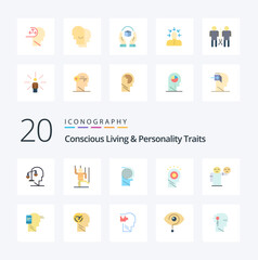 20 Concious Living And Personality Traits Flat Color icon Pack like man idea manipulate study definition