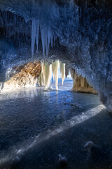 frozen waterfall in the cave at Grand Island on Lake Superior