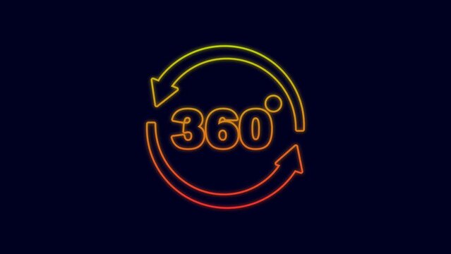 Glowing neon line 360 degree view icon isolated on blue background. Virtual reality. Angle 360 degree camera. Panorama photo. 4K Video motion graphic animation