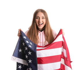 Happy young woman with USA flag on white background