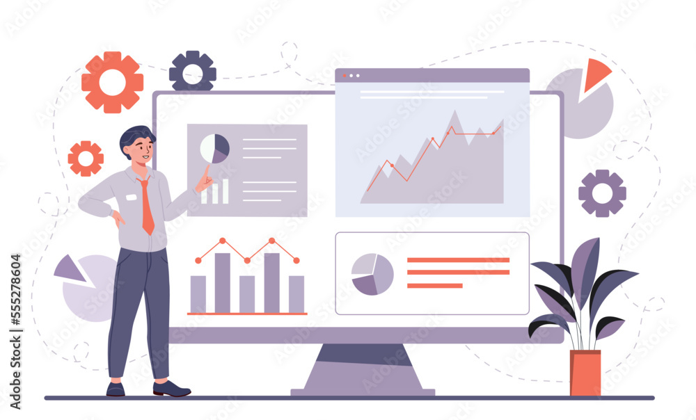 Poster setup analytics concept. man stands in front of computer monitor and looks at graphs and charts. pro