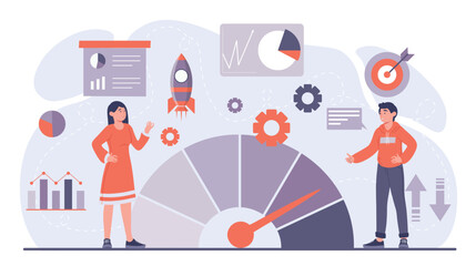 Tiny business people. Man and woman near scale analyze graphs, charts and diagrams. Collaboration and cooperation. Marketing research and statistical evaluation. Cartoon flat vector illustration
