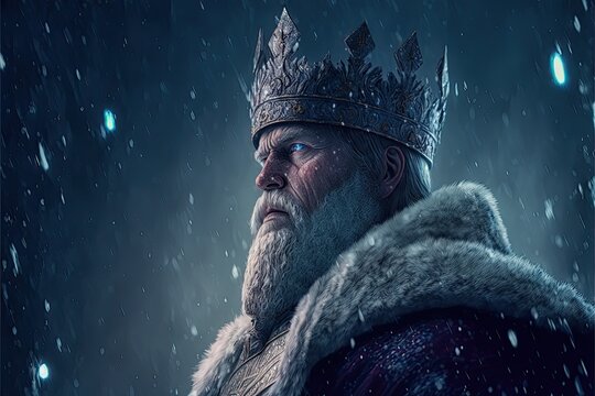Generative AI digital art of an old king wearing a frozen crown during a blizzard, fictional model, no model release