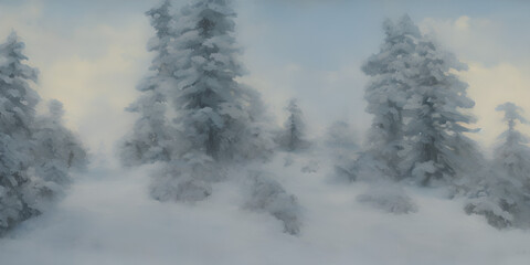 Fototapeta na wymiar Winter landscape with pines, snow, and clouds