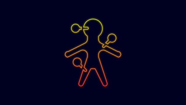 Glowing neon line Voodoo doll icon isolated on blue background. 4K Video motion graphic animation