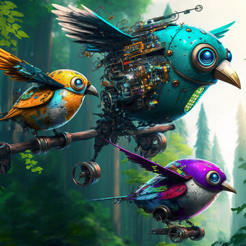 A fantasy image, a colorful robot bird's family is flying in the sky. Image creative generative Ai technology.	

