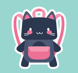Cute backpack icon. Black cat bag in, accessories for children. Education and learning. Sticker for social networks and messengers. Fashion and trend concept. Cartoon flat vector illustration