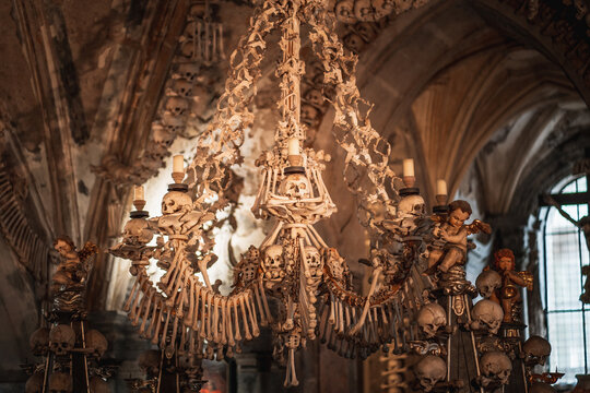 Bone Chandelier at Sedlec Ossuary Interior - Kutna Hora, Czech Republic