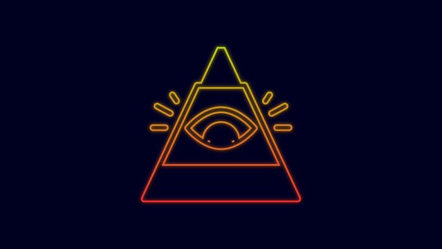 Glowing neon line Masons symbol All-seeing eye of God icon isolated on blue background. The eye of Providence in the triangle. 4K Video motion graphic animation