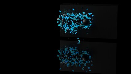 Black basketball breaking with great force through blue illuminated wall black under spot light background. 3D high quality rendering. 