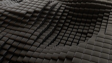 Abstract background with waves made of a lot of dark metallic black cubes geometry primitive forms that goes up and down under brown-white lighting. 3D illustration. 3D CG. High resolution.