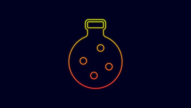 Glowing neon line Bottle with potion icon isolated on blue background. Flask with magic potion. Happy Halloween party. 4K Video motion graphic animation