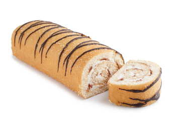 Sweet sponge cake roll isolated on white background