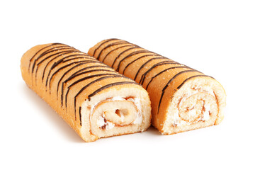 Delicious sponge cake rolls isolated on white background