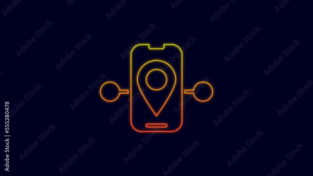 Poster glowing neon line route location icon isolated on blue background. train line path of train road rou