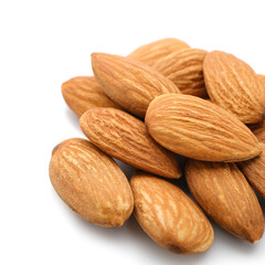 Pile of tasty almonds on white background