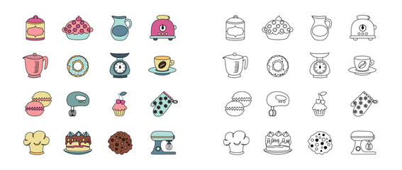 Bakery icons set. Collection of graphic elements for websites. Marketing and advertising. Donut, pie, glass of water and baking dish. Cartoon flat vector illustrations isolated on white background