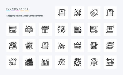 25 Shoping Retail And Video Game Elements Line icon pack