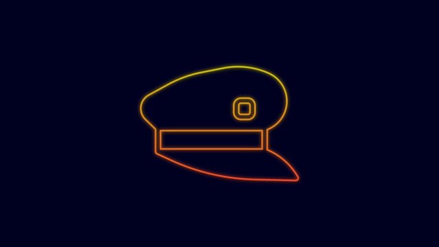 Glowing neon line Train driver hat icon isolated on blue background. 4K Video motion graphic animation
