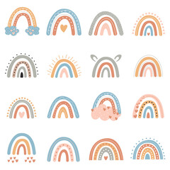 Rainbow Boho Scandinavian Abstract Shape in Pastel Colors with Heart, Stars, Clouds, Drops. Hand drawn Vector Element for Decorative, Postcard, Invitation, Poster, Nursery, Baby