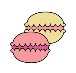 Simple icon of bakery. Colorful sticker with delicious desserts from french cuisine. Sweet macaroons. Design element for social networks. Cartoon flat vector illustration isolated on white background